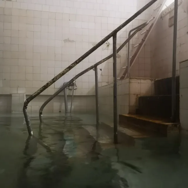 Минералният басейн с металните перила и парата над водата.