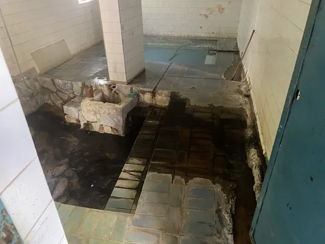 Изворът в банята — водата тече по плочите край каменното корито.